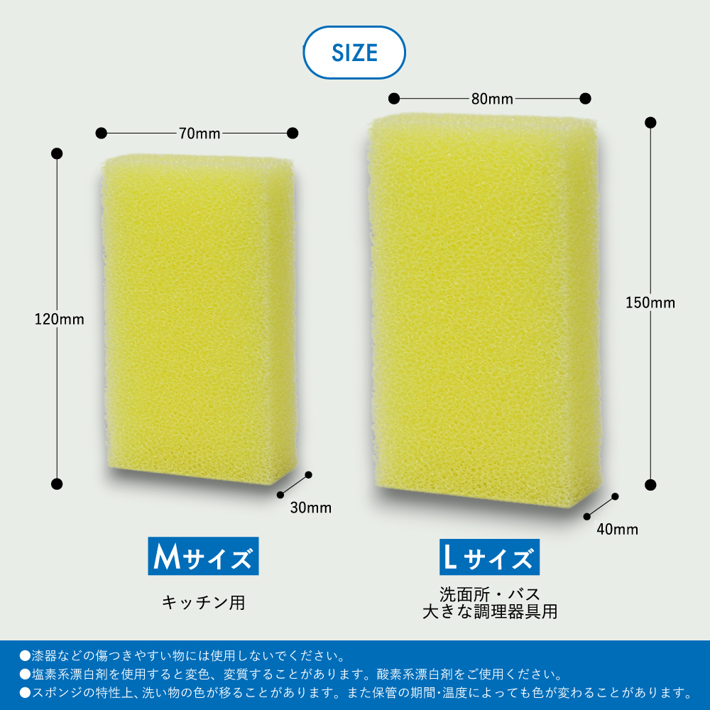 アクアプレンスポンジMサイズとLサイズの寸法比較図。キッチン用120×70×30mmとバス用150×80×40mm。