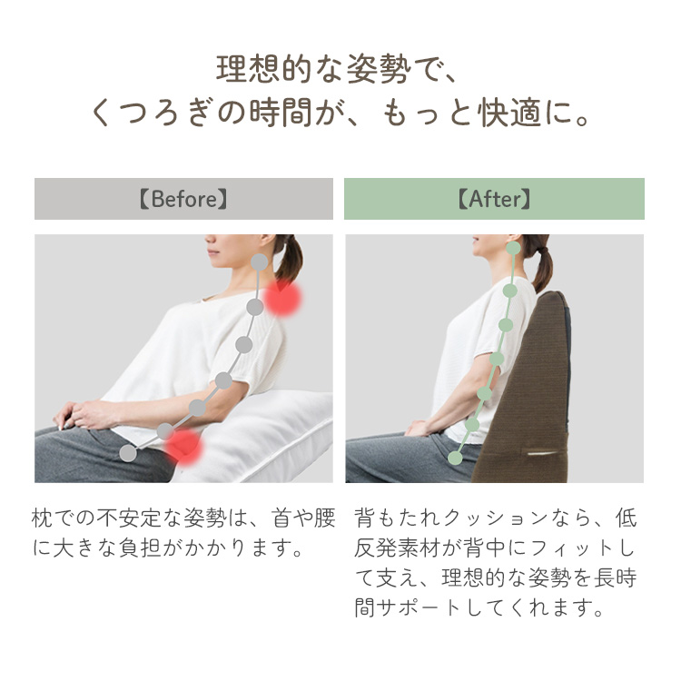 枕使用時と背もたれクッション使用時の姿勢を比較し、首や腰の負担軽減を示すビフォーアフター画像。