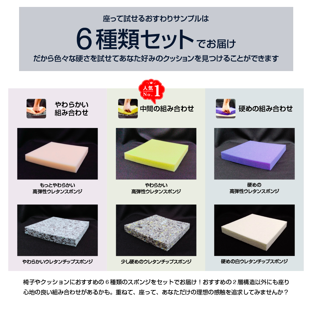 座って試せるスポンジサンプル6種セット おすわりサンプル｜スポンジ