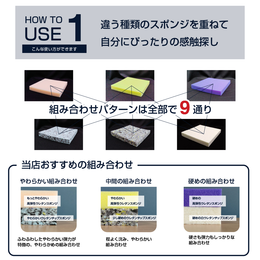 座って試せるスポンジサンプル6種セット おすわりサンプル｜スポンジ